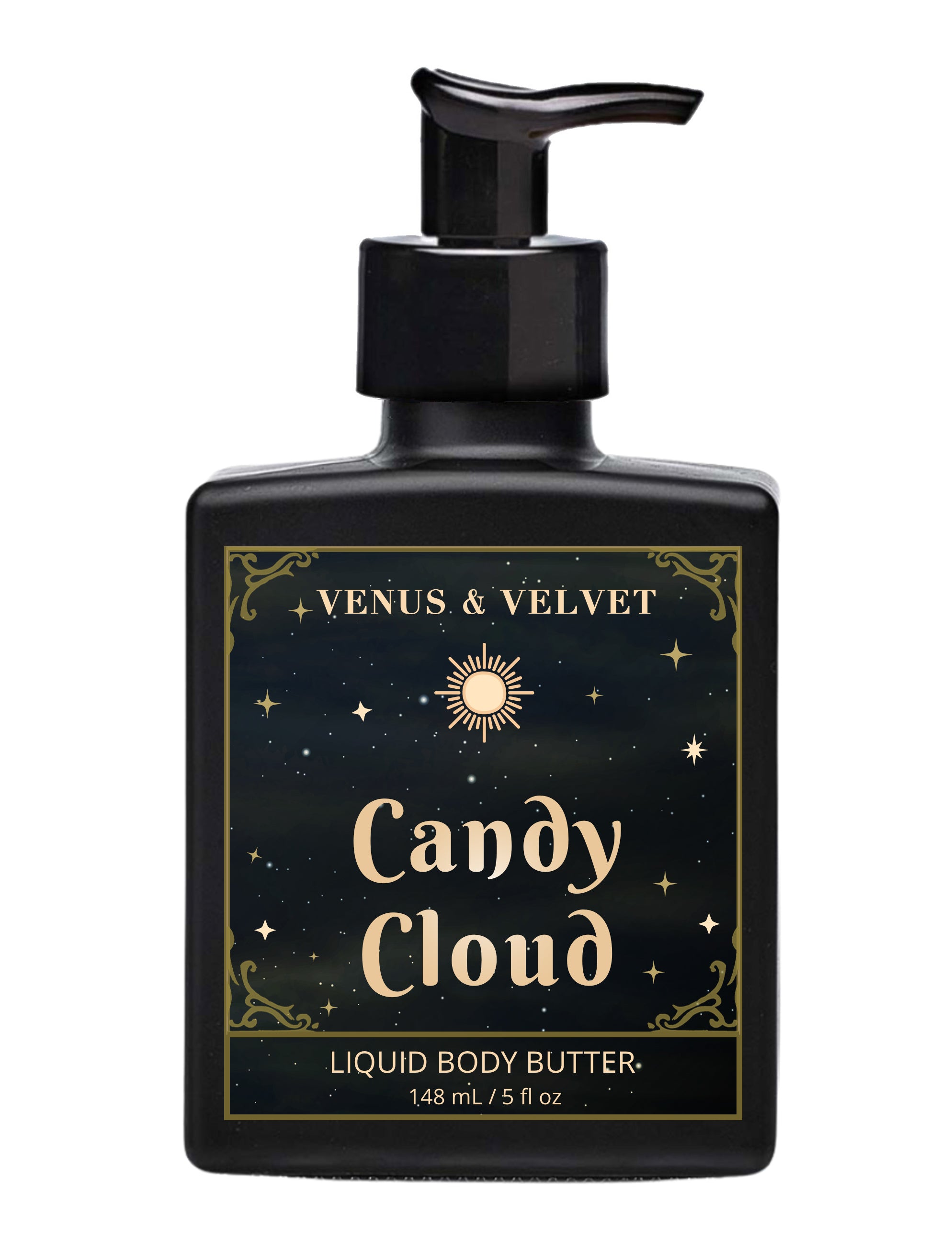 Venus & Velvet Candy Cloud liquid body butter bottle on a white background