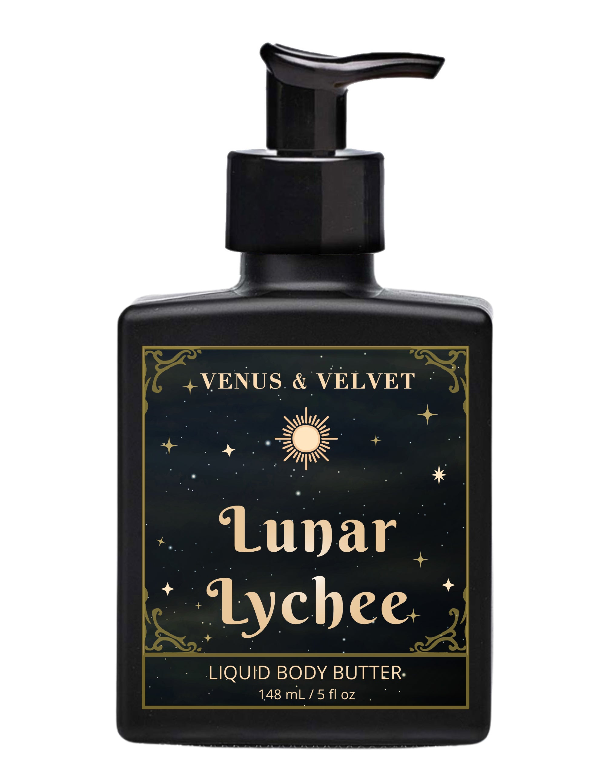 Venus & Velvet Lunar Lychee liquid body butter bottle on a white background