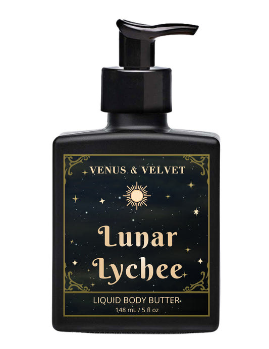 Venus & Velvet Lunar Lychee liquid body butter bottle on a white background
