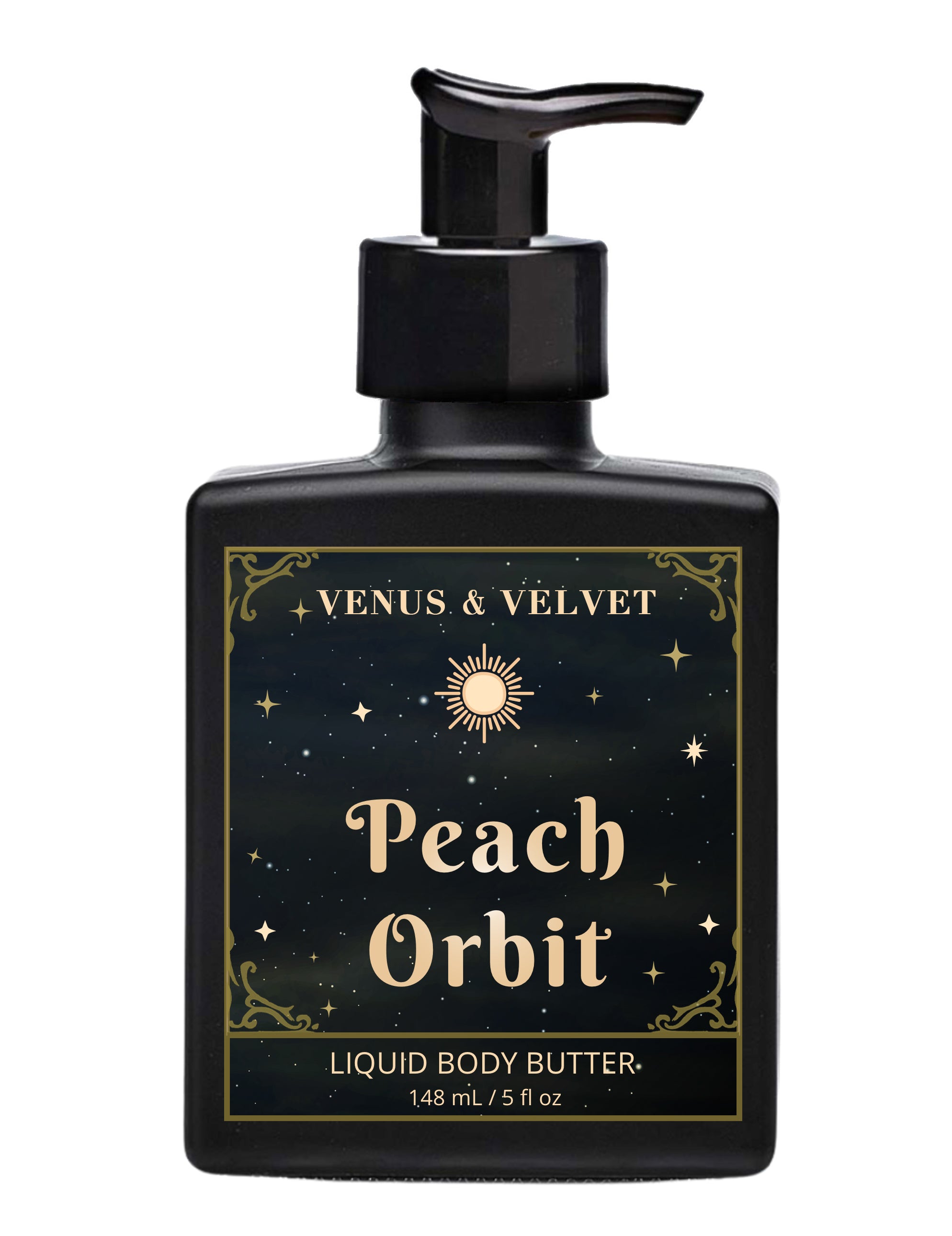 Venus & Velvet Peach Orbit liquid body butter bottle on a white background