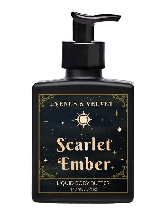Venus & Velvet Scarlet Ember liquid body butter bottle on a white background