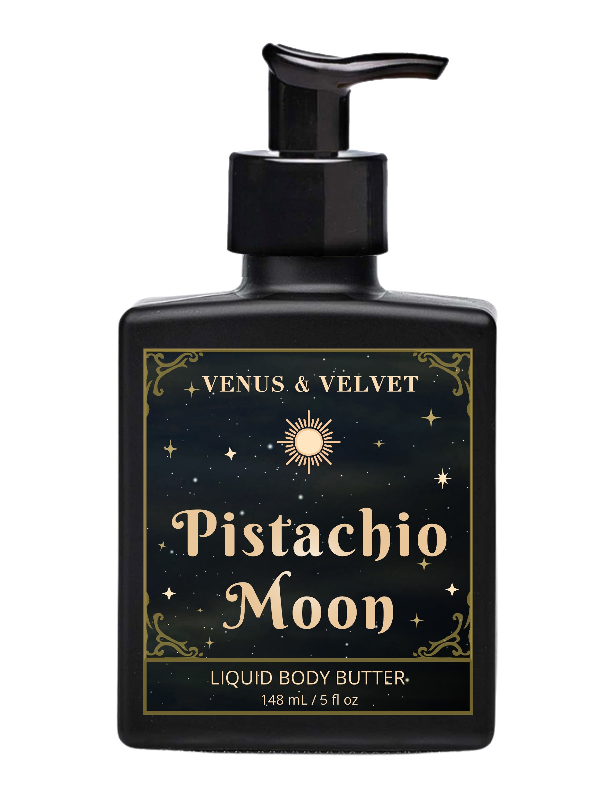 Venus & Velvet Pistachio Moon liquid body butter bottle on a white background
